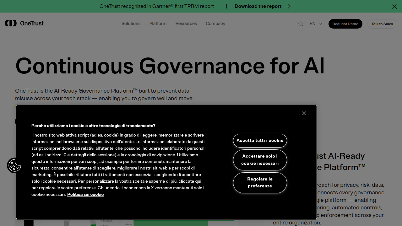 Screenshot of OneTrust's resources page, highlighting their AI Governance infographic and related content.