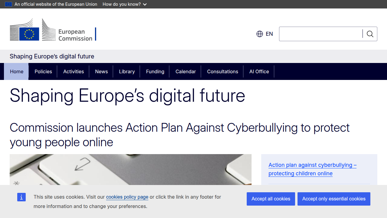 A screenshot of the European Commission's Digital Strategy page, detailing the regulatory framework for AI, including the EU AI Act.