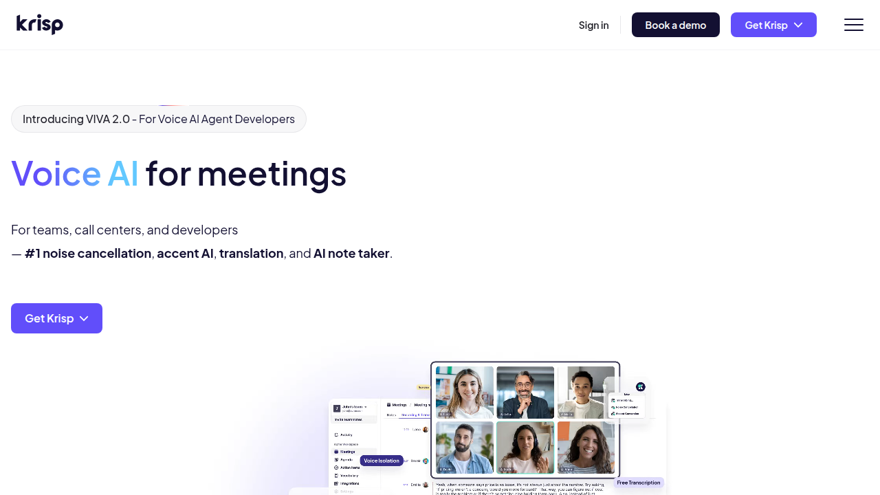 Screenshot of Krisp's homepage, a leading AI noise removal tool for clear communication.