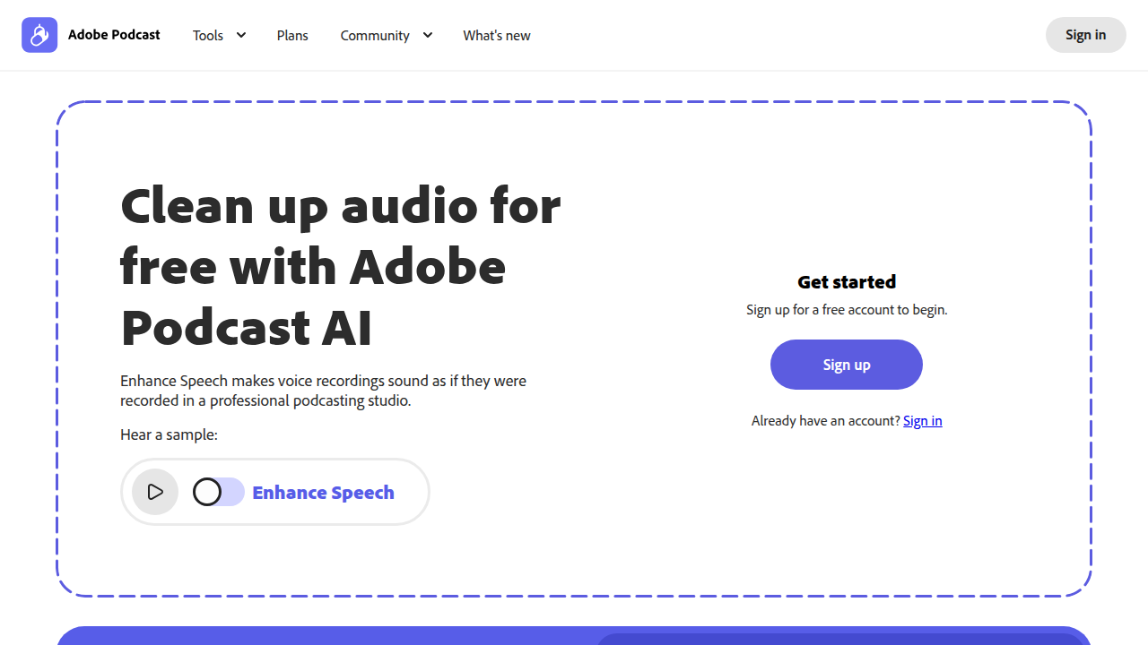 Screenshot of Adobe Podcast Enhance, offering AI-driven audio cleanup for creators.