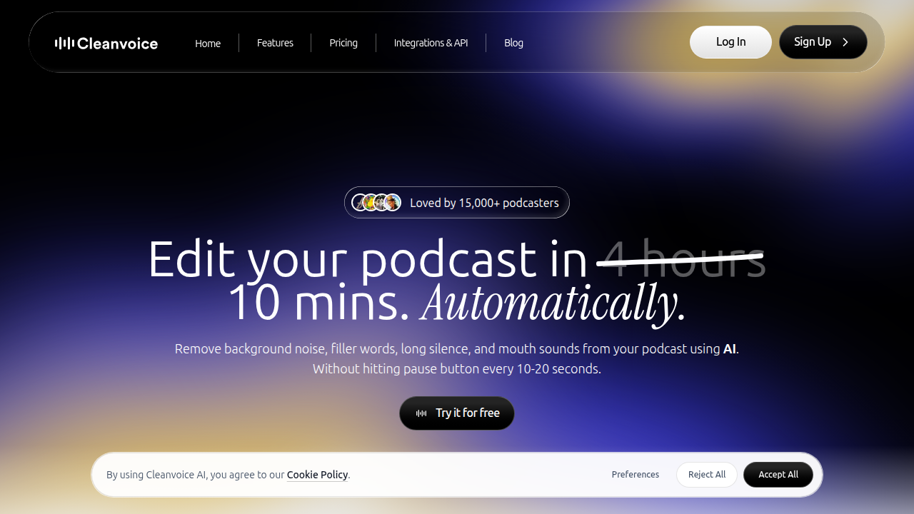Screenshot of Cleanvoice AI's website, a tool specializing in cleaning recorded audio for podcasts and meetings.