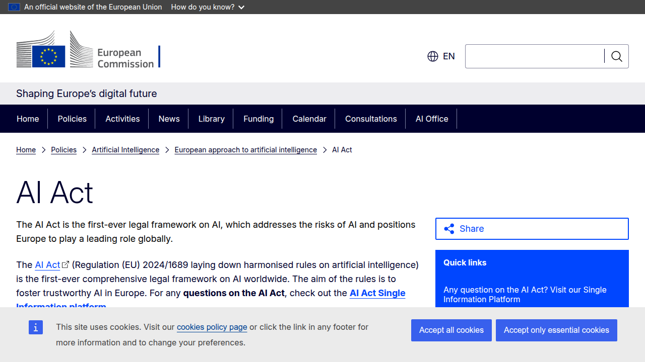 Screenshot of the European Commission's page detailing the EU AI Act, the world's first comprehensive AI legal framework.