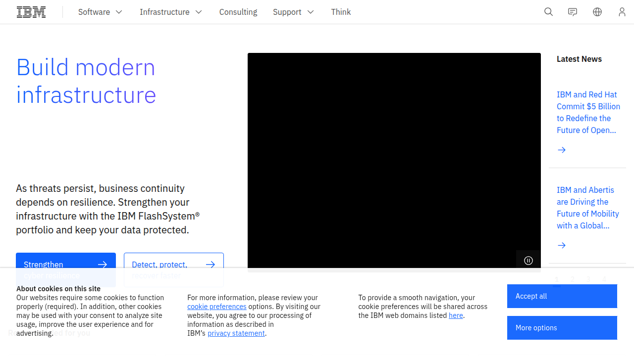 The homepage of IBM, a major technology company engaged in advanced AI research, including superalignment.