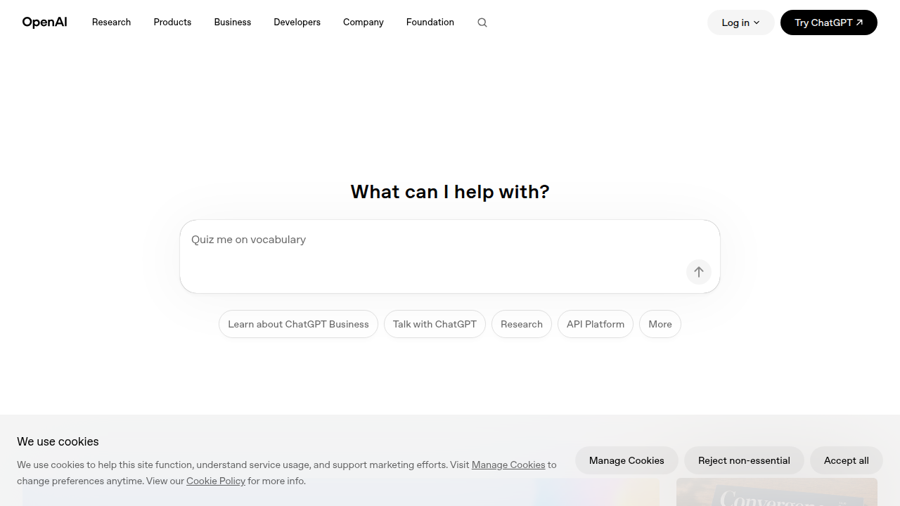 The homepage of OpenAI, a leading AI research organization focused on developing safe and aligned artificial general intelligence.