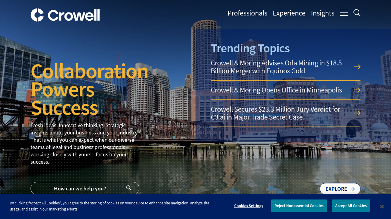 Homepage of Crowell & Moring, a law firm referenced for its insights on US AI executive orders and state regulations.