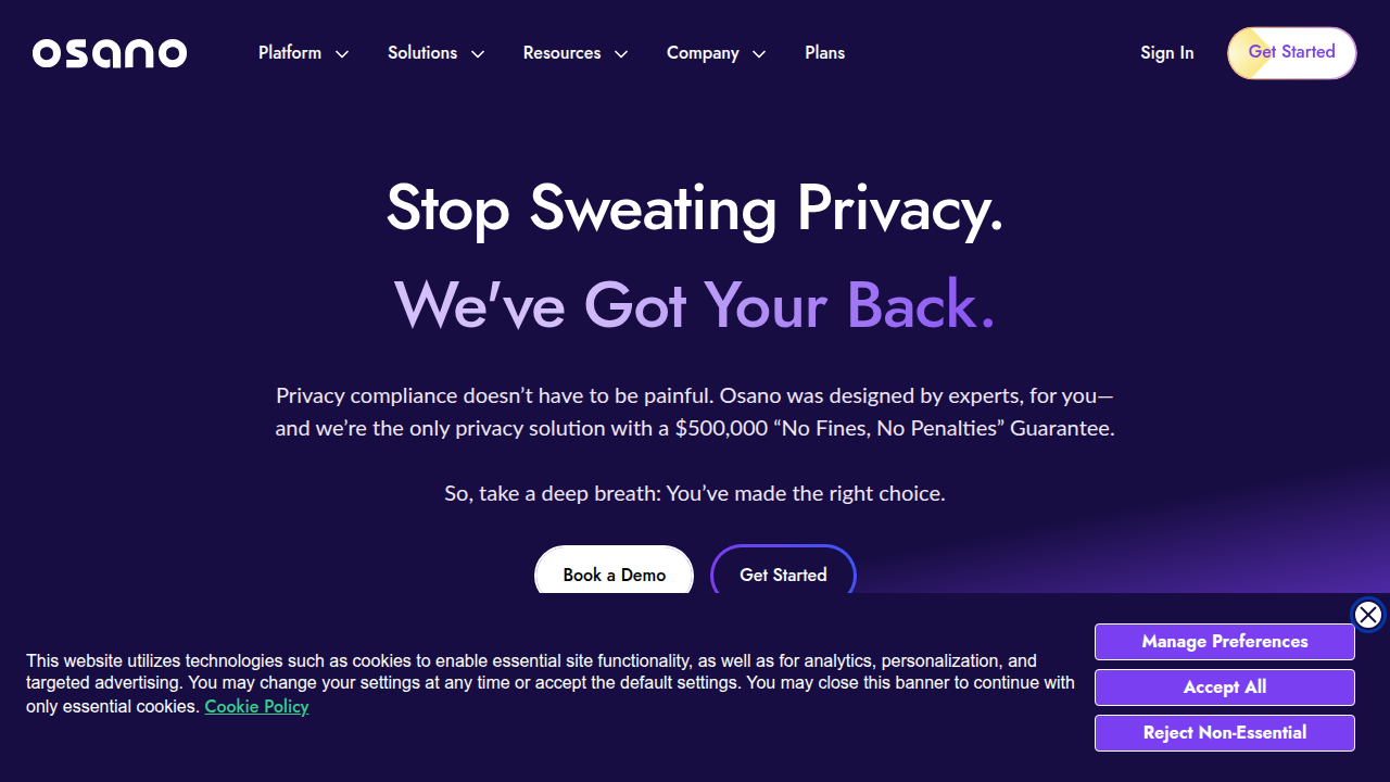 Homepage of Osano, a data privacy platform offering resources like a US Data Privacy Laws Survival Guide.