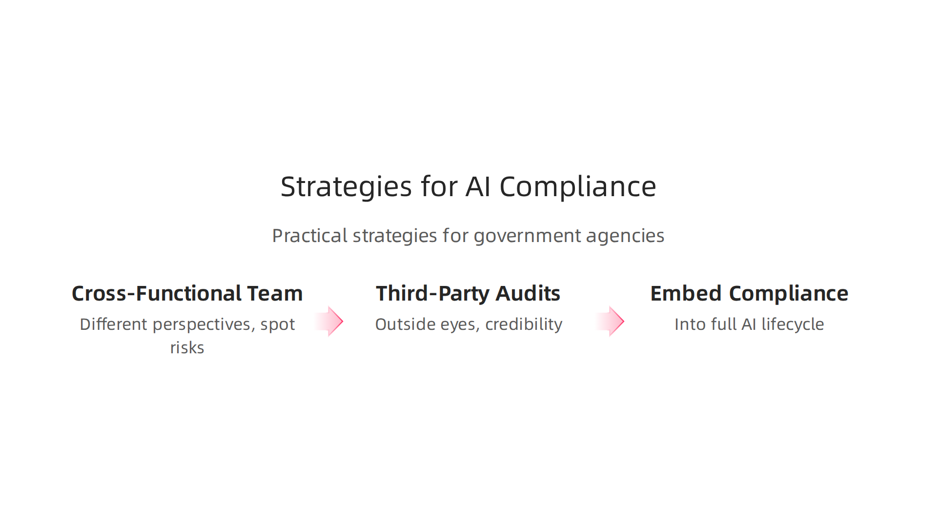 Practical strategies for government agencies to ensure AI compliance and manage strategic risks.