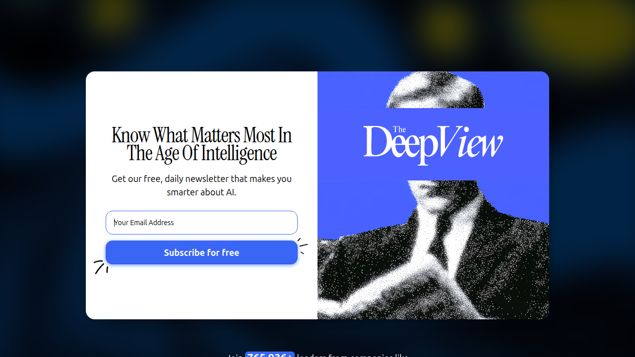 Screenshot of The Deep View Newsletter's subscription page, highlighting its focus on daily AI and policy insights.