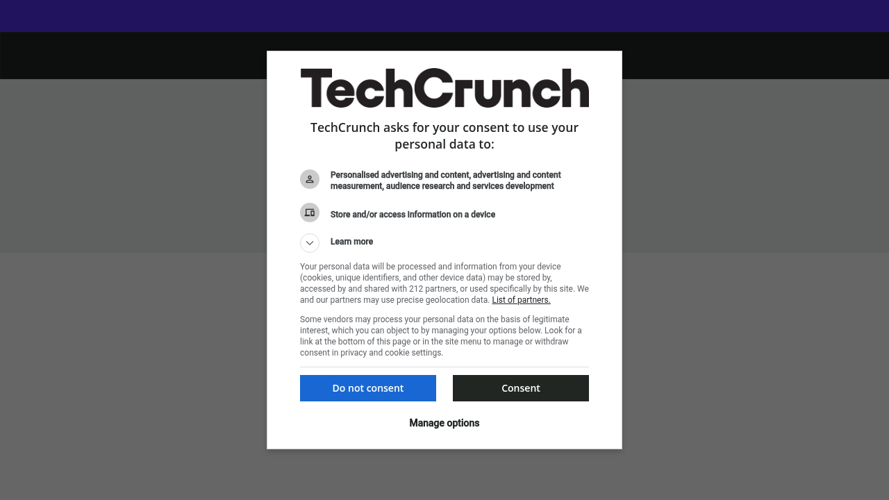 Screenshot of the TechCrunch homepage, a prominent breaking news outlet for technology and startups.