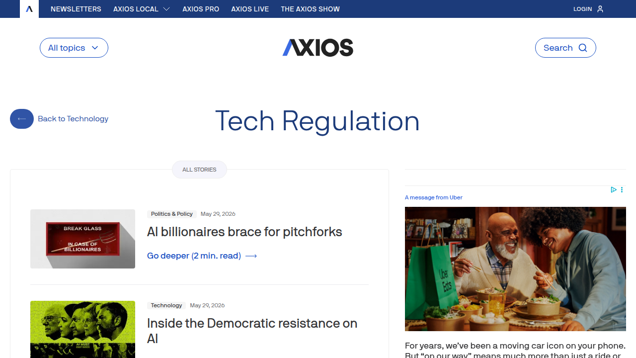 Screenshot of the Axios Tech Regulation page, known for its concise briefs on policy developments affecting technology.