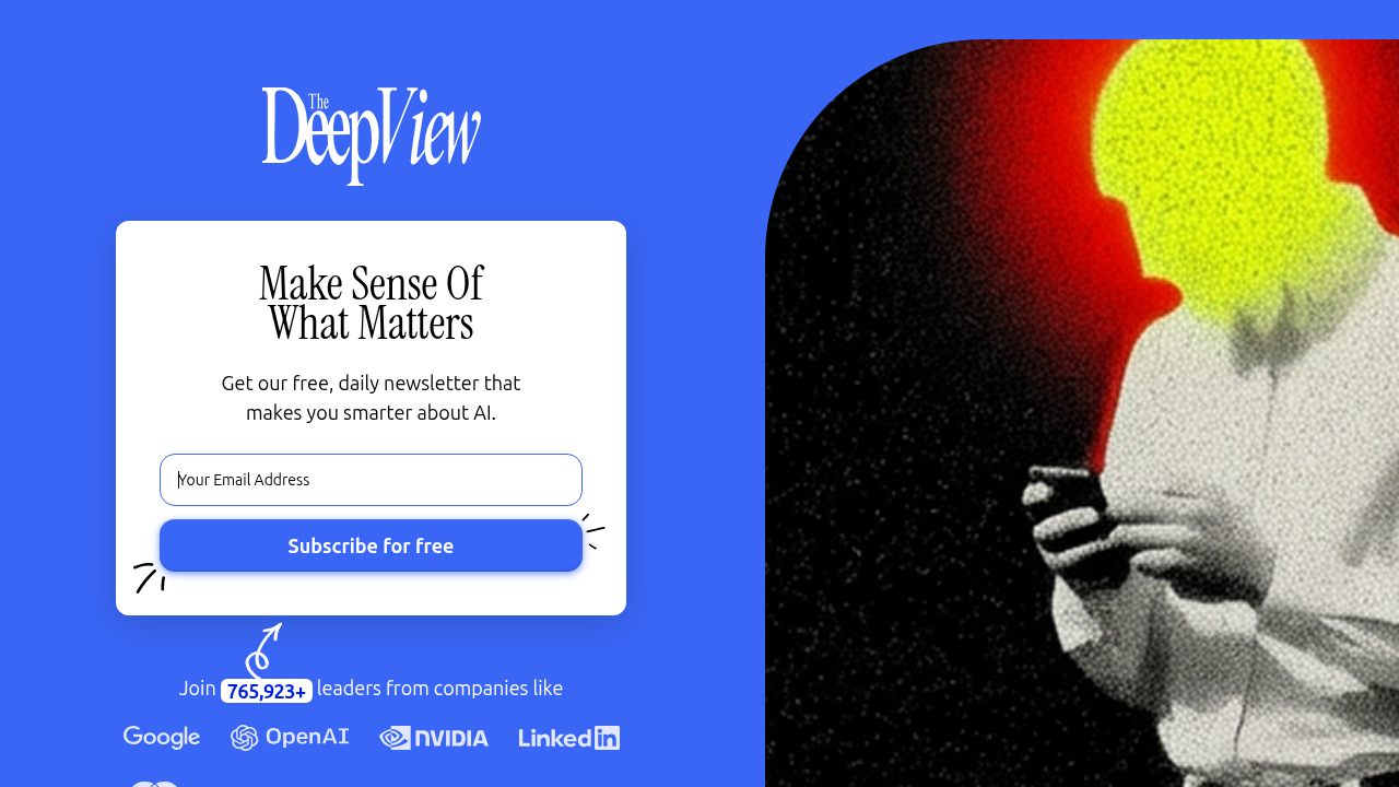 Screenshot of The Deep View Newsletter's subscription page, offering plain English updates on AI policy and governance.