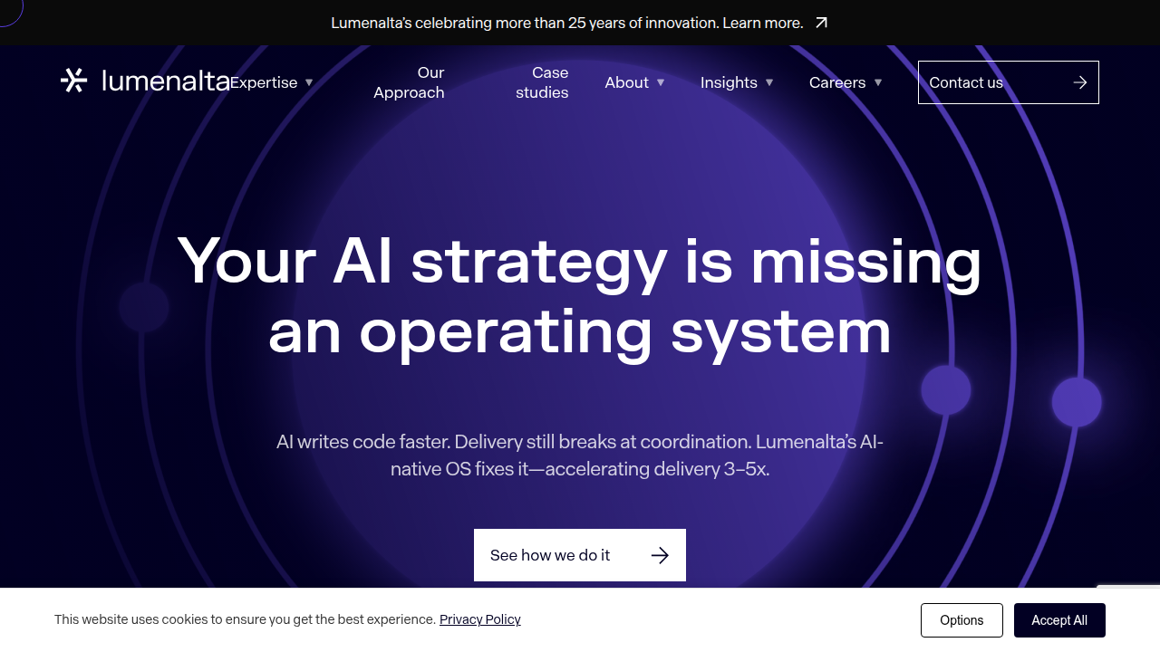 Screenshot of the Lumenalta homepage, a company providing insights on ethical considerations in AI.