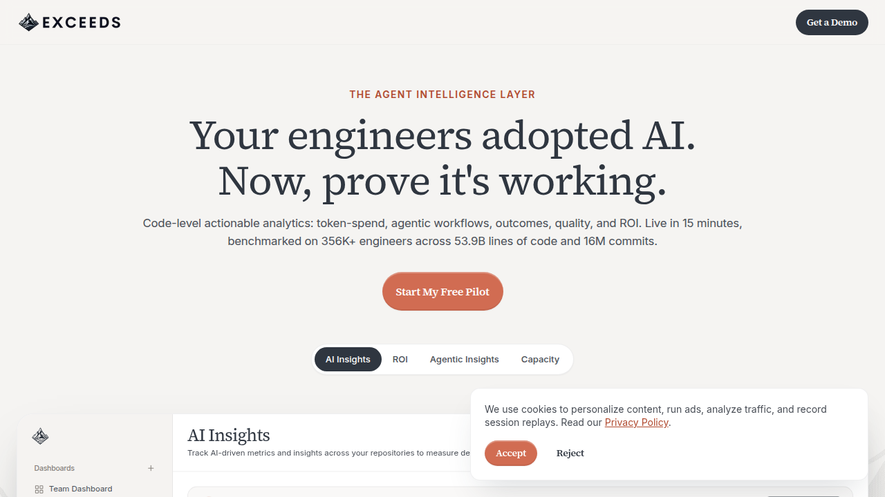 A screenshot of the Exceeds.ai homepage, a resource for AI governance and certification guides.