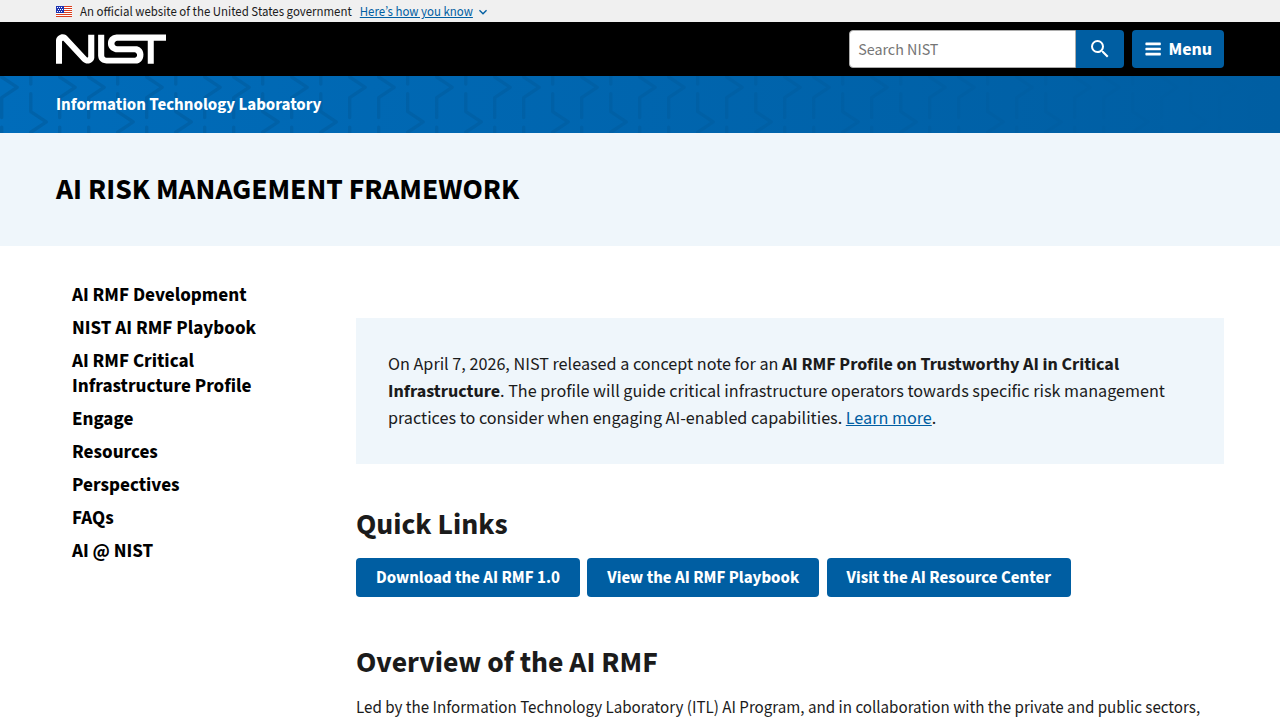 A screenshot of the official NIST page detailing the AI Risk Management Framework, a guide for managing AI-related risks.
