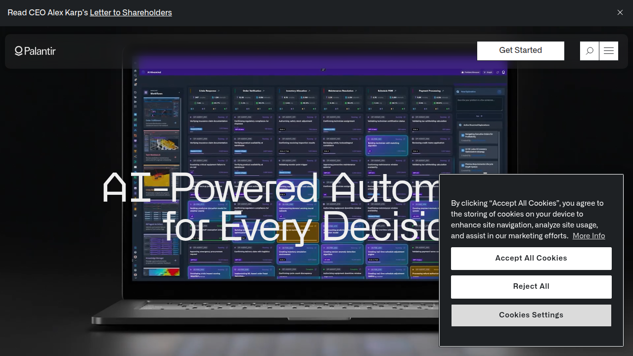 The official website for Palantir Technologies, showcasing their data integration and analytics platforms.