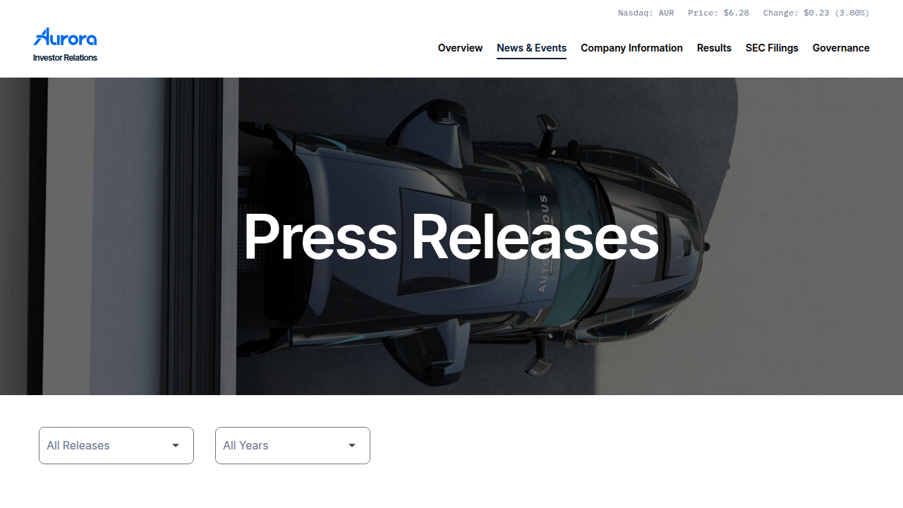 Screenshot of Aurora Innovation's Investor Relations page, featuring news and press releases about company milestones.