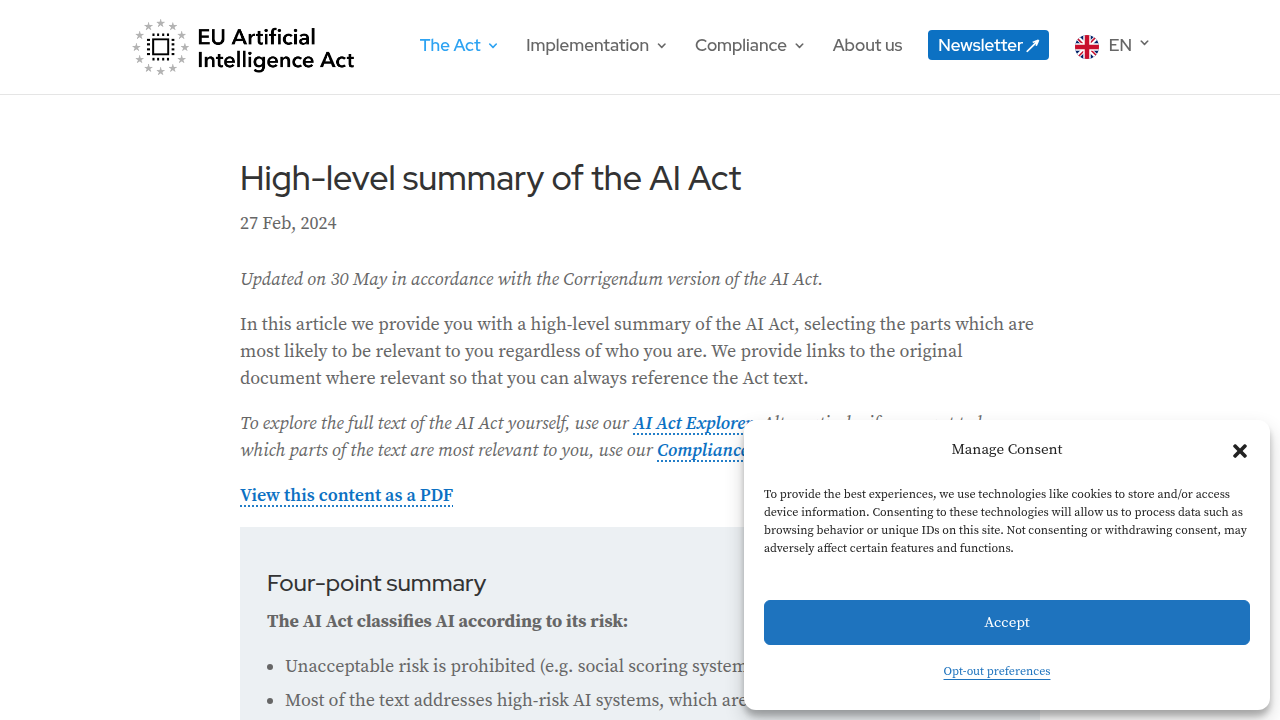 Screenshot of the Artificial Intelligence Act website, providing a high-level summary of the EU's new AI regulations.