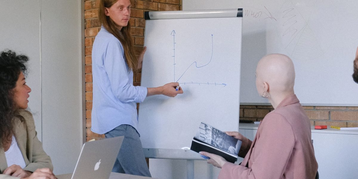 A cross-functional team collaborates around a whiteboard, mapping out a compliance roadmap for a new product.