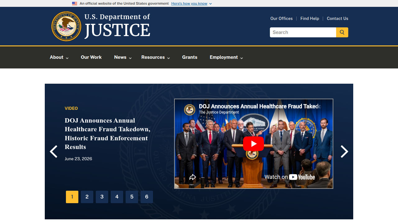 The official website of the U.S. Department of Justice, providing information on legal enforcement and policy.