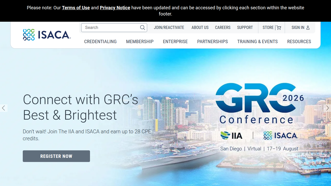 Screenshot of the ISACA homepage, a global association for IT governance professionals, referenced for AI Act insights.