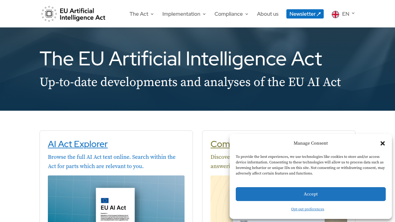 An overview of the official EU AI Act website, detailing its phased implementation and risk-based approach.