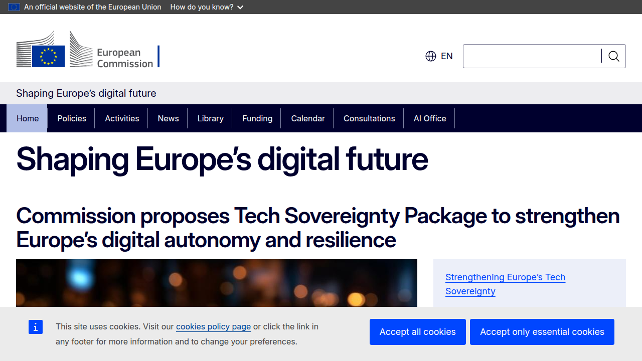 A screenshot of the European Commission's Digital Strategy website, detailing the official regulatory framework for the EU AI Act.