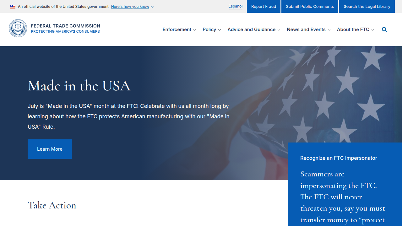 The Federal Trade Commission (FTC) website, providing official updates and guidelines on antitrust and competition law.