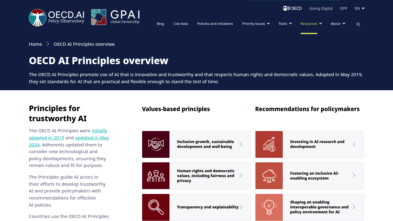 The OECD AI Principles provide a globally recognized framework for responsible stewardship of trustworthy AI.