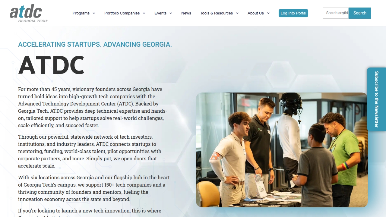 Screenshot of the Advanced Technology Development Center (ATDC) website, an incubator located at Georgia Tech, fostering startup growth.