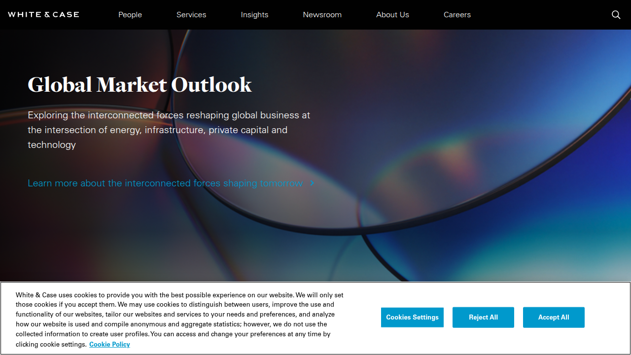 A screenshot of the White & Case website, which provides updates on global AI regulatory trackers, highlighting the firm's insights into complex policy.