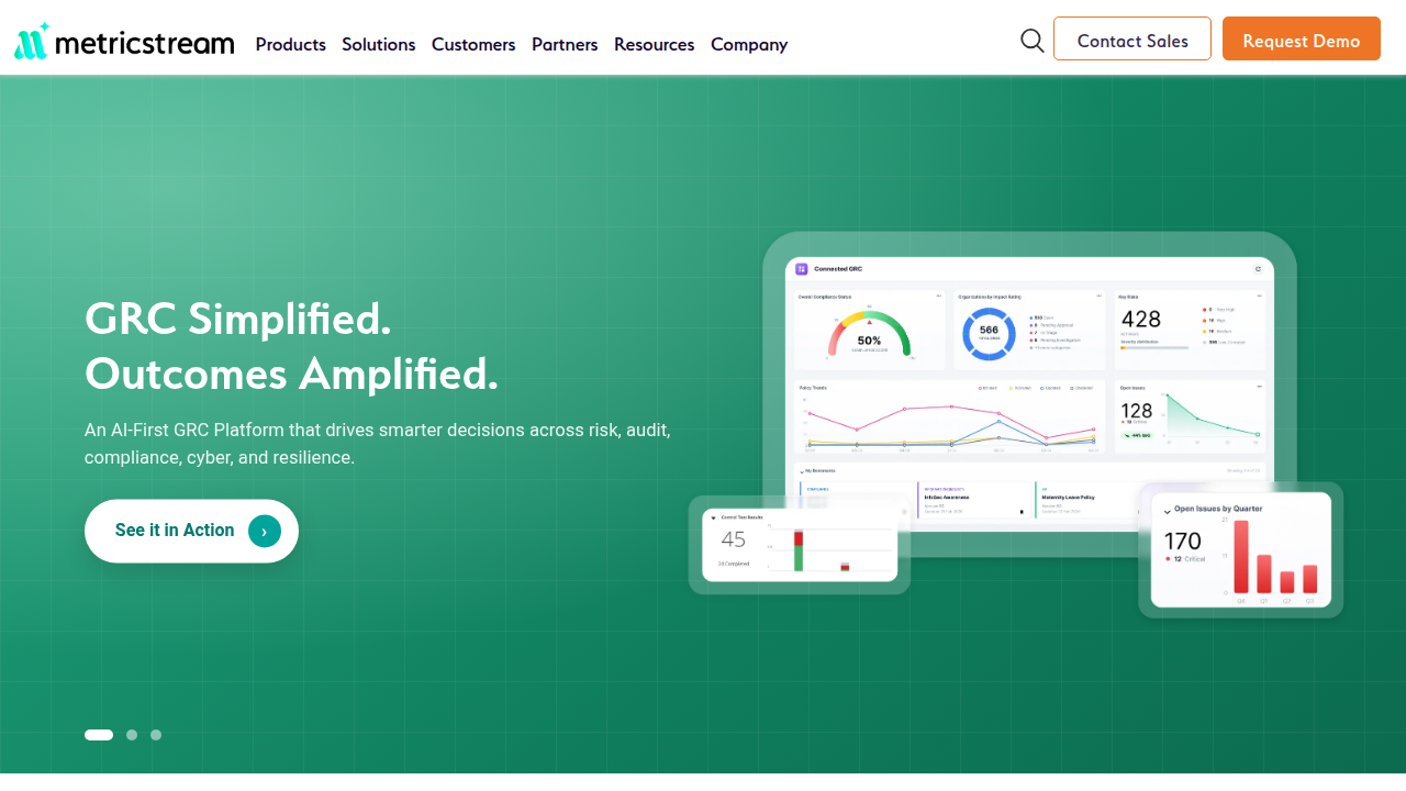 MetricStream's website, representing a leading platform for compliance management tools for businesses.