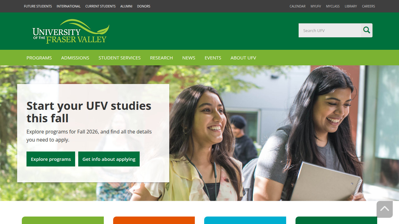 The homepage of the University of the Fraser Valley, an institution that has issued guidelines advising against AI detection tools due to reliability concerns.