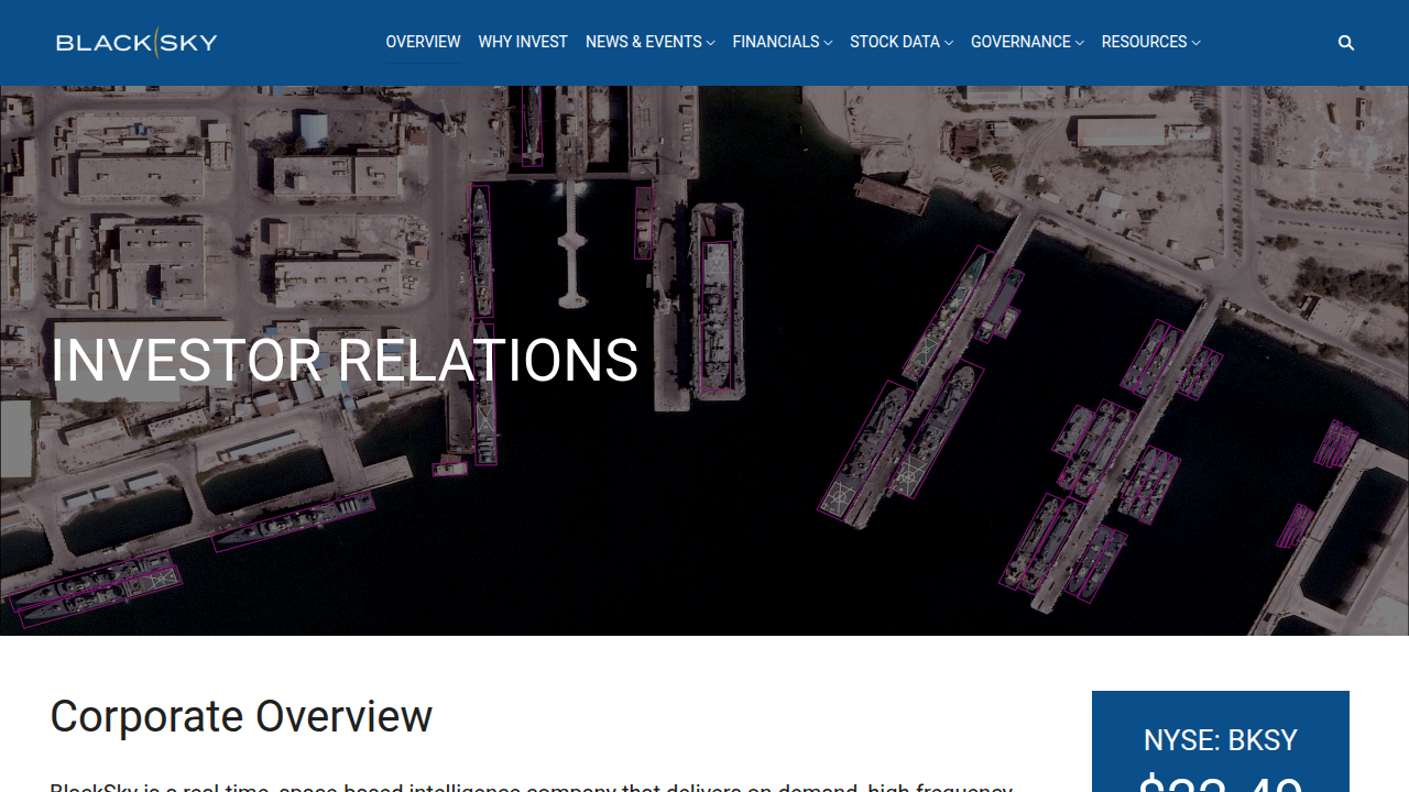 A screenshot of BlackSky's Investor Relations page, highlighting key information for potential investors and stakeholders.