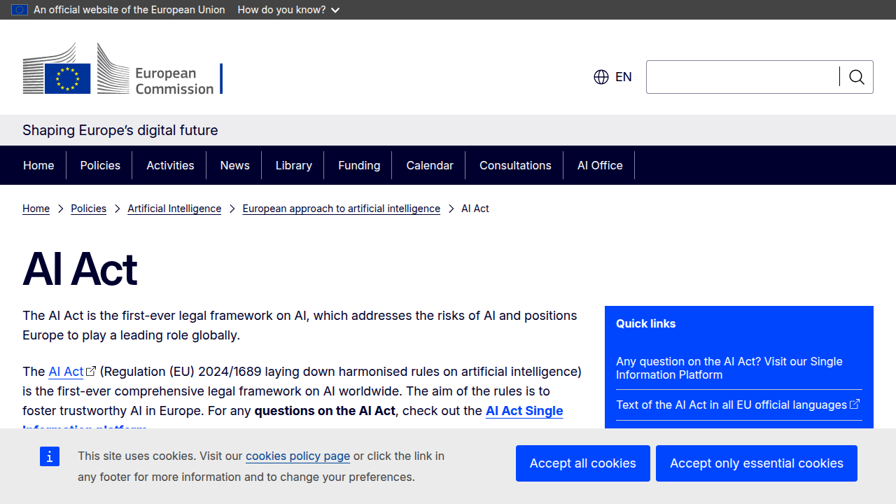 The official European Commission page detailing the regulatory framework of the EU AI Act.