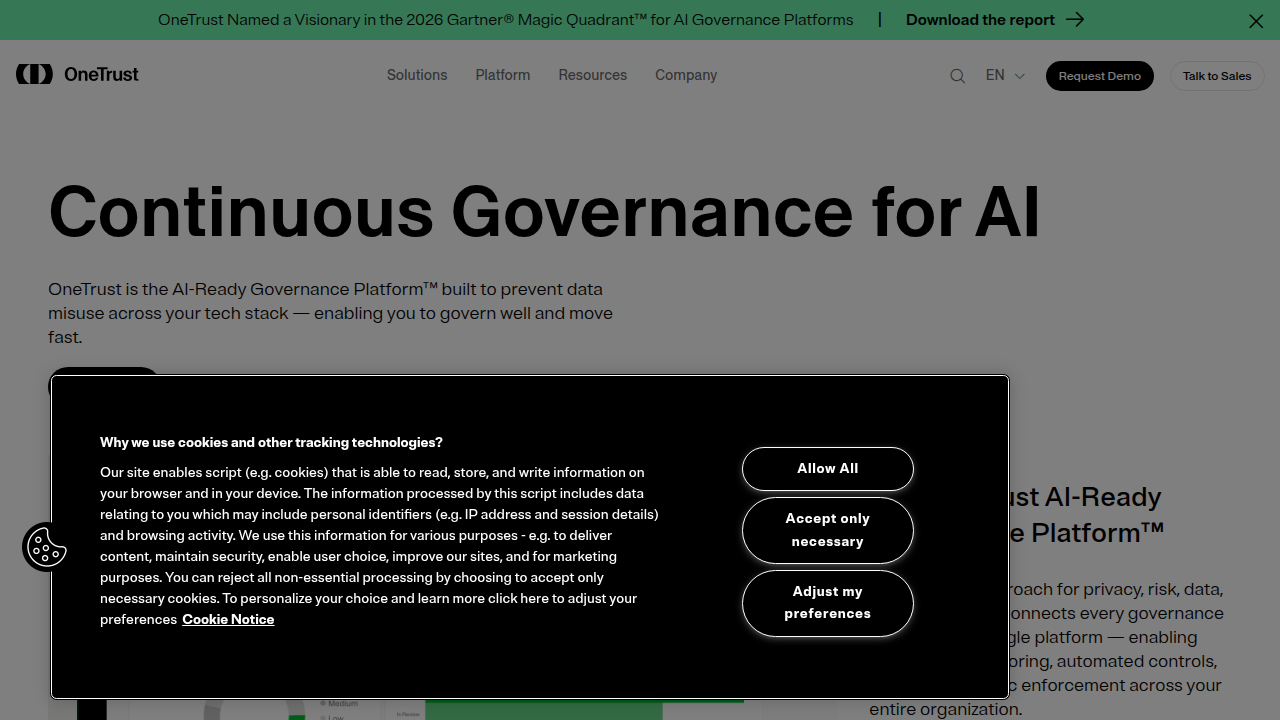 OneTrust offers solutions for privacy, security, and governance, aligning with the evolving landscape of AI regulation.
