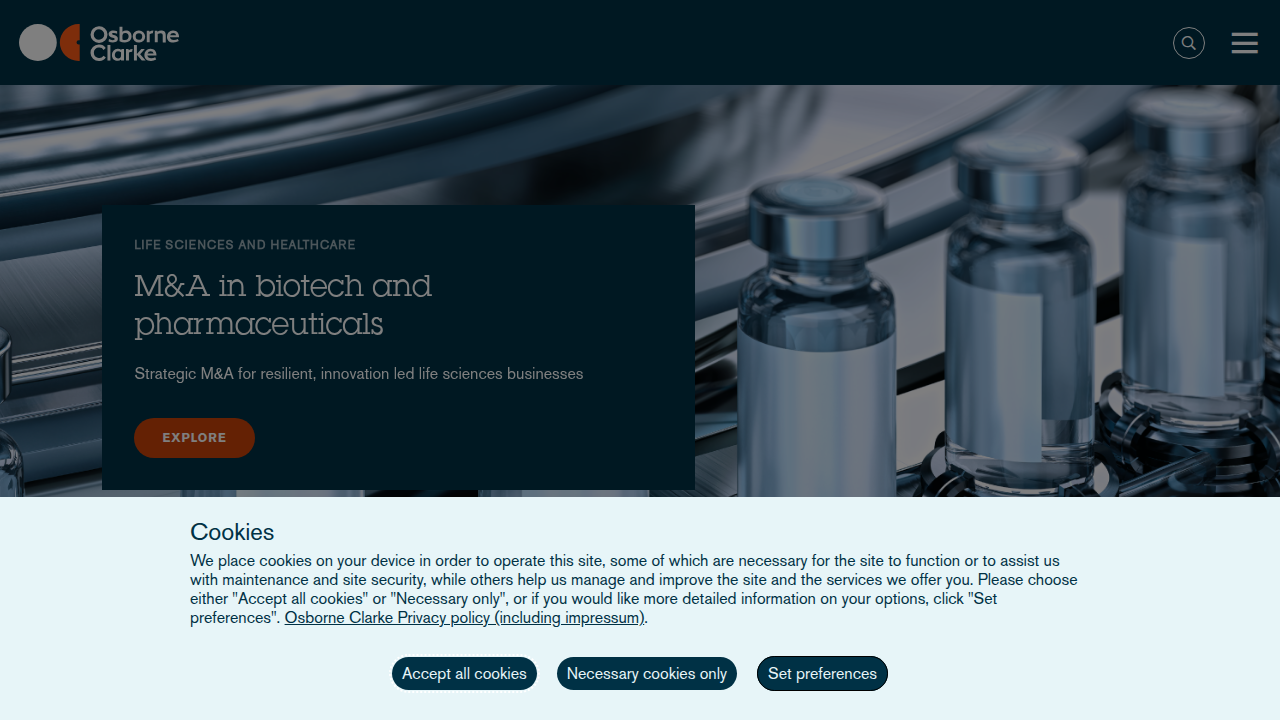 Screenshot of Osborne Clarke's insights page, offering regulatory outlooks on technology and business.