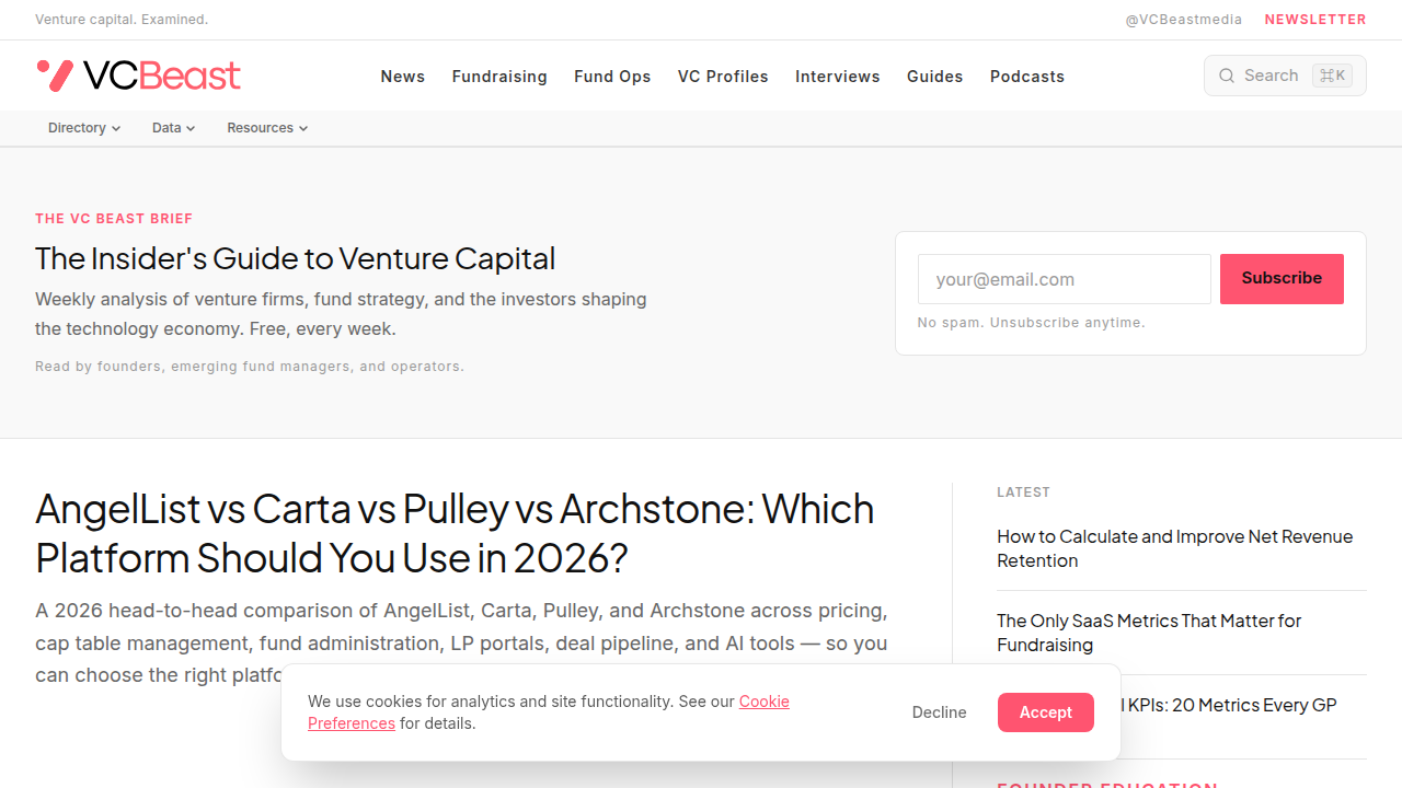 The VC Beast website, featuring resources and rankings for venture capital due diligence tools.