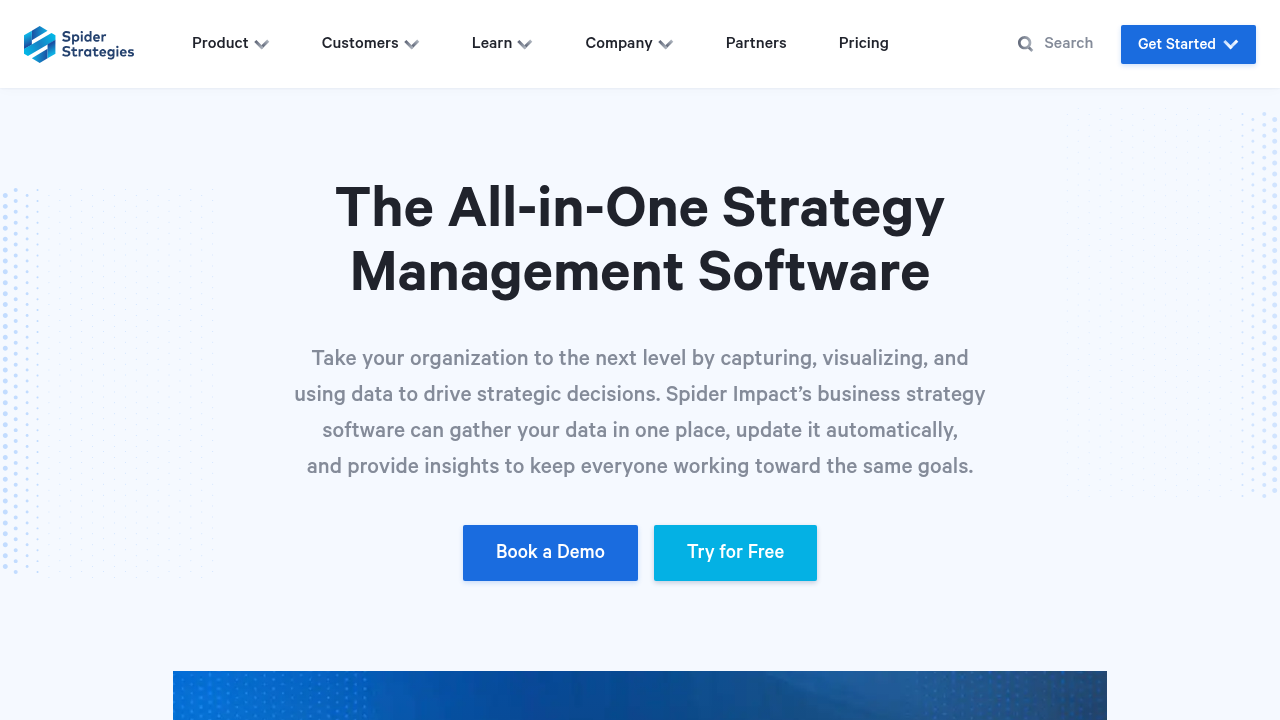 Screenshot of the Spider Strategies homepage, a platform for KPI management and digital dashboards.
