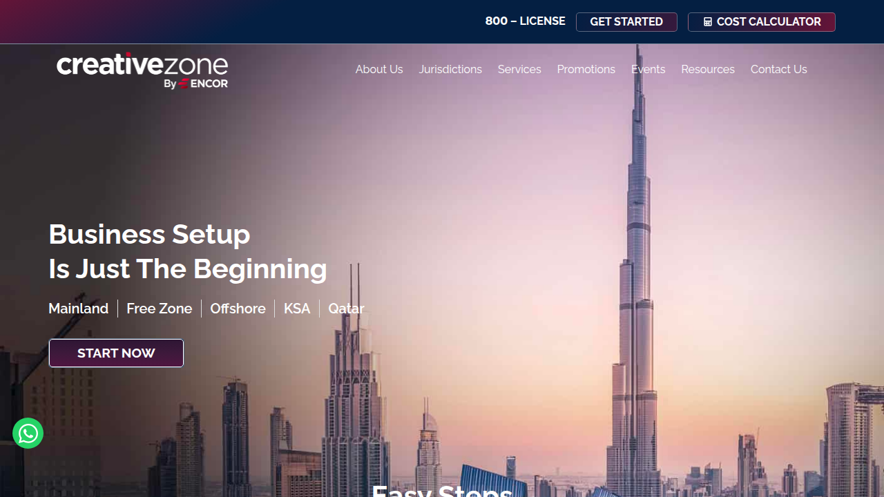 Screenshot of Creative Zone, a business setup consultant in the UAE, offering resources for founders.