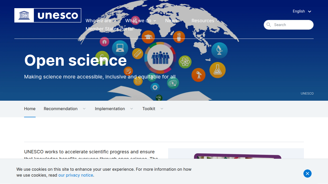 The UNESCO page dedicated to Open Science, highlighting its global importance and principles for research.