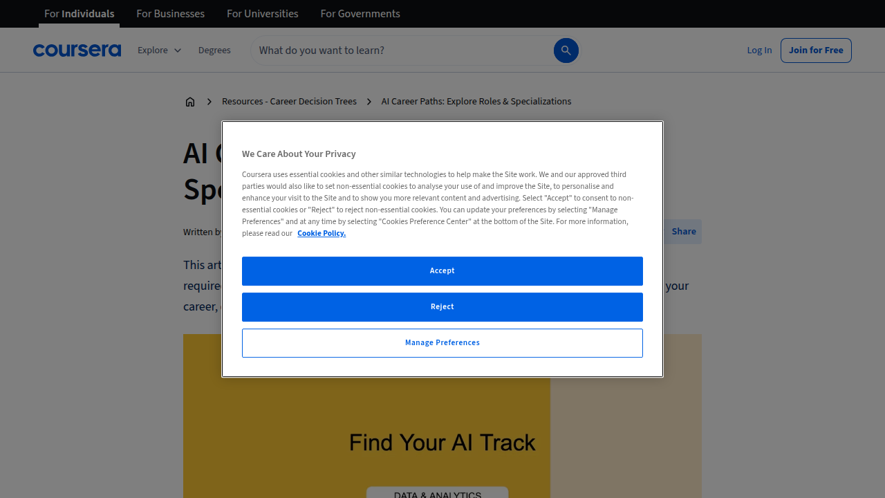 A page from Coursera outlining various career paths and specializations available in the field of Artificial Intelligence.