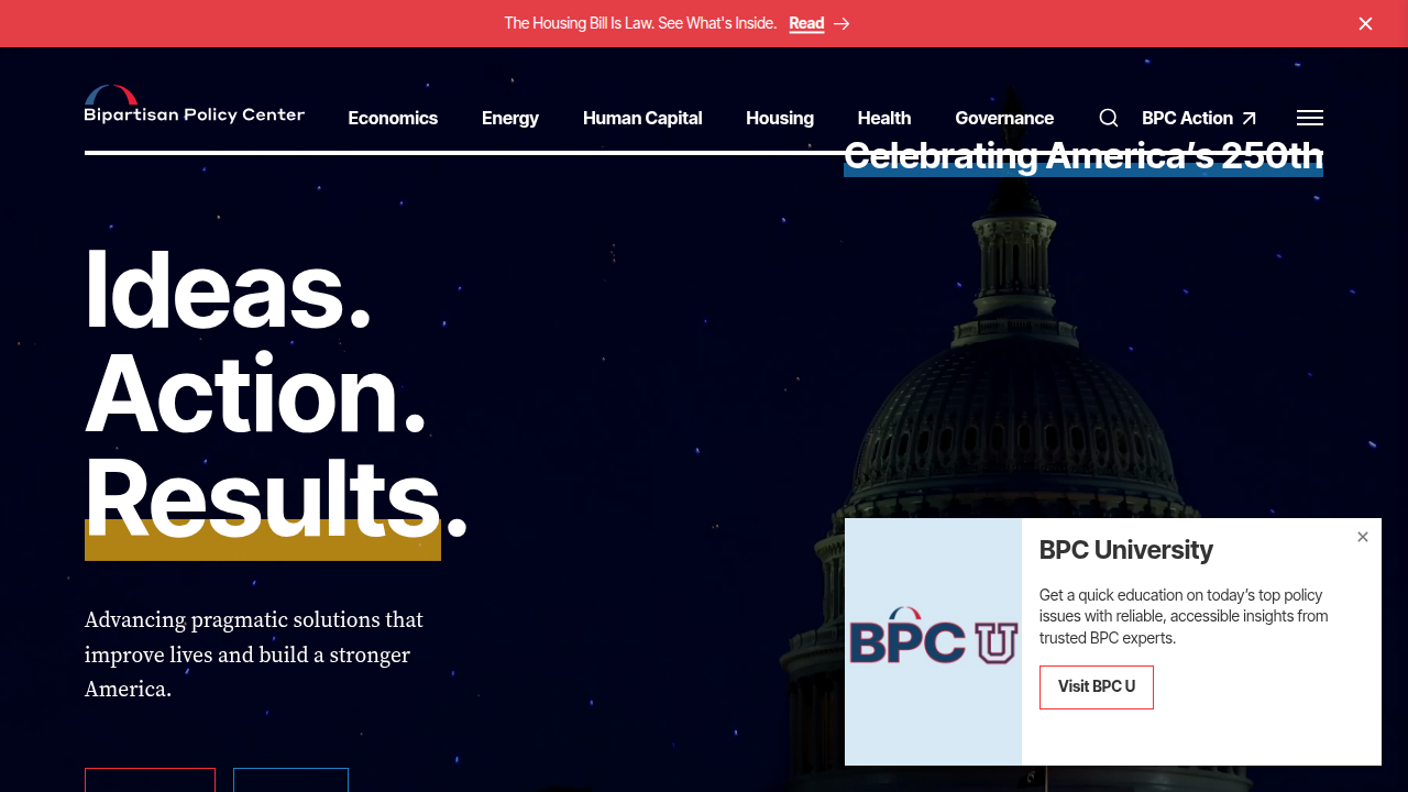 Screenshot of the Bipartisan Policy Center homepage, a resource for understanding policy implications of AI wearables.