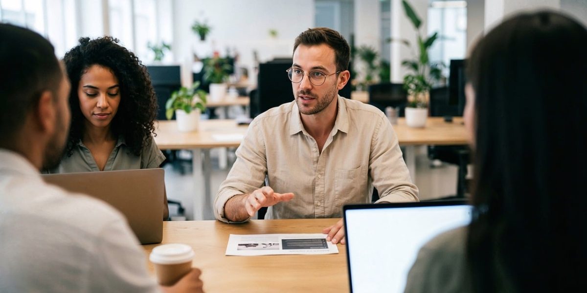 A team of diverse professionals collaborating effectively in a modern office environment.
