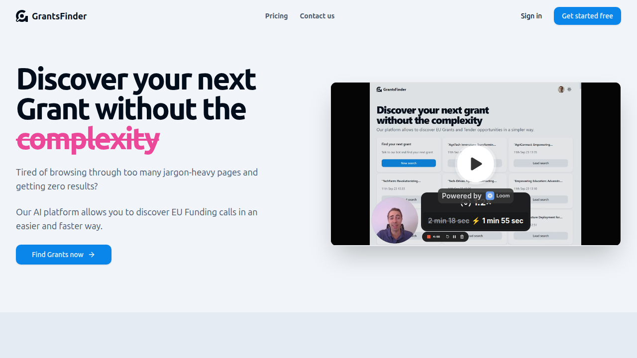 Screenshot of the Grantsfinder EU homepage, a resource for European Union grants for startups.