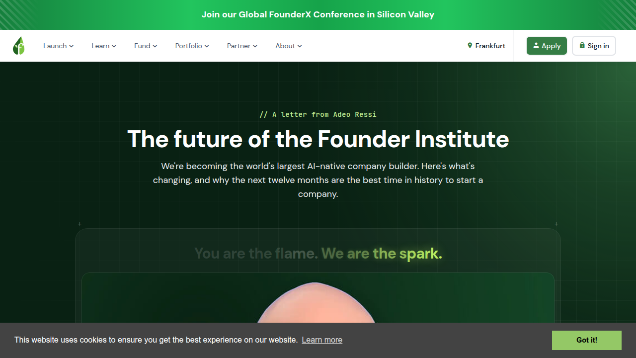 Screenshot of the Founders Institute homepage, a resource for federal funding programs for startups.