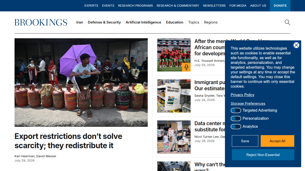 Screenshot of The Brookings Institution homepage, a policy think tank.