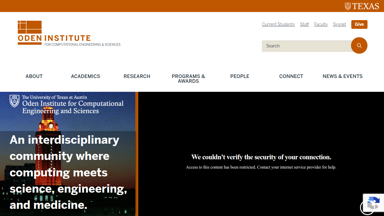 The homepage of the Oden Institute for Computational Engineering and Sciences at the University of Texas at Austin, a leader in digital twin research.