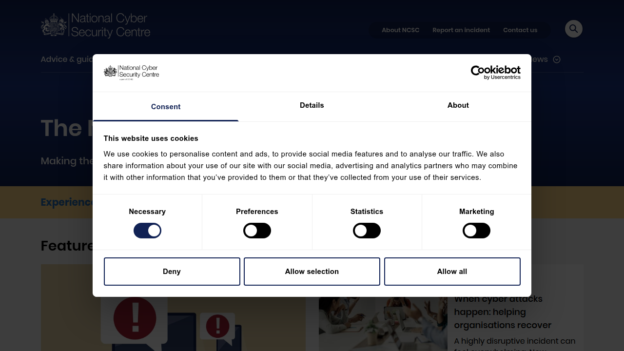 The homepage of the National Cyber Security Centre (NCSC) in the UK, a leading authority on cybersecurity, relevant for digital twin security.