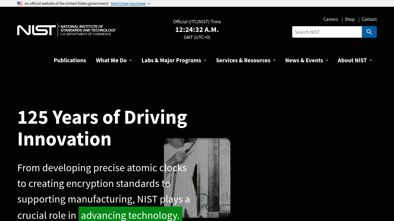 The homepage of the National Institute of Standards and Technology (NIST), a key source for cybersecurity and data privacy standards relevant to digital twins.