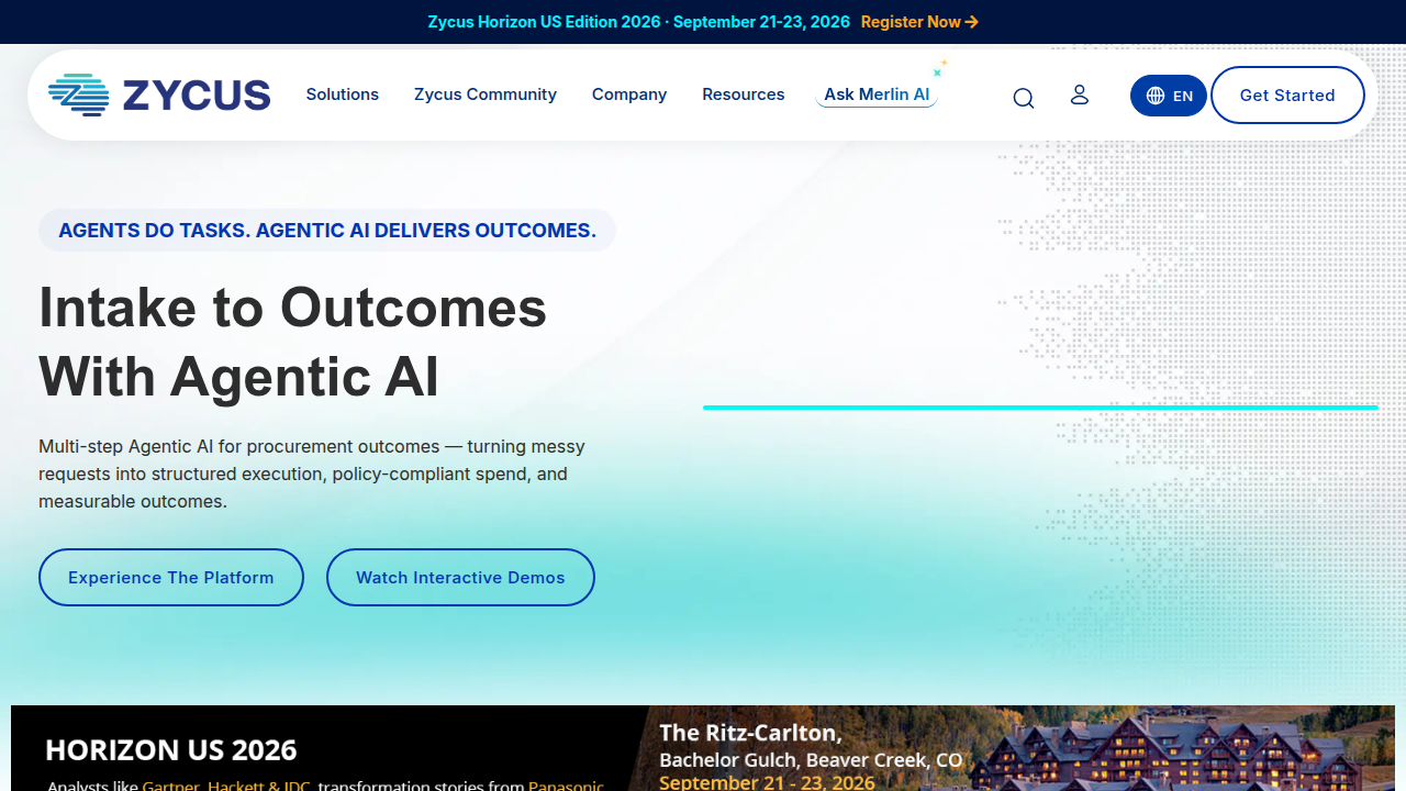 The homepage of Zycus, a company offering AI-powered procurement solutions, demonstrating relevance for digital twin applications in business.